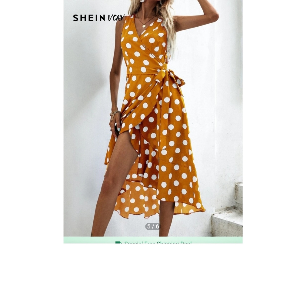 SHEIN VCAY Polka Dot  Dress Knot Wrap Dress